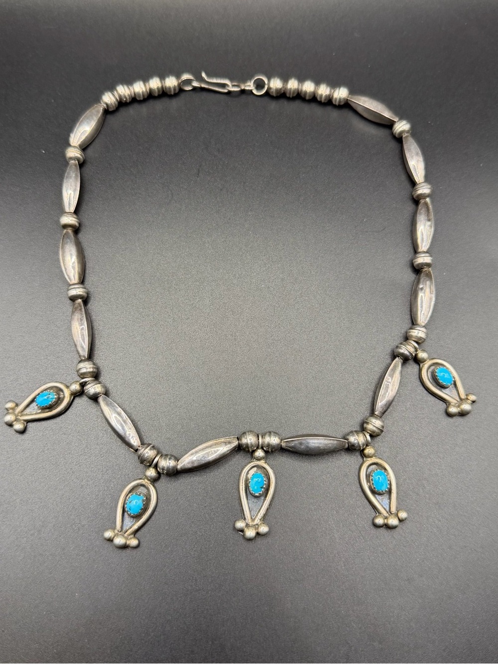 Vintage Sterling Silver Navajo RH Long Necklace Turquoise Pendants Native 16”